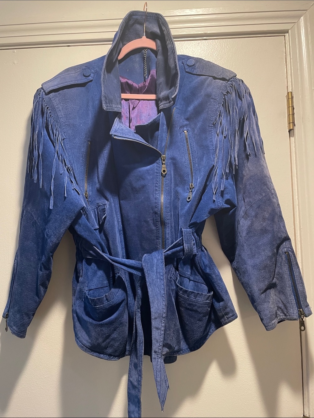 Yessica Vintage Royal Blue Suede Fringe Belted Biker Western 
Jacket